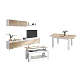 duehome | Pack de Salon con Modulo TV + Mesa de Centro Elevable y Mesa de Comedor, Conjunto de Salon, Modelo Arlet MAX V1, Acabado en Blanco Artik y Roble Canadian