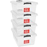 ATHLON TOOLS 4 cajas de almacenamiento de 12.5 L con tapa, aptas para alimentos, clips de cierre, caja de plástico 100% transparente, cajas de ropa apilables