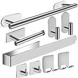 Toalleros de Baño Sin Taladro, 9PCS Accesorios Baño Toalleros de Baño, Toallero Adhesivo de Acero Inoxidable SUS304, Kit Accesorios para Baño con Toallero Baño Portarrollos Papel Higienico