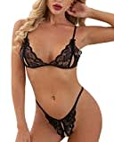 heekpek Conjunto Lencería Mujer Encaje Ropa de Dormir Mujer Lingerie Bordado Ropa Interior Sujetador Triangular y Tanga Dessous Set, Negro, L