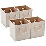 EZOWARE 4 pcs Cajas de Almacenaje, Cubo Decorativa de Tela Plegable Resistente Con Manijas para Ropa, Juguetes, Armario, Dormitorio, Estanterías y Mas - ( 26.7 x 26.7 x 28 cm ) (Beige bambú)