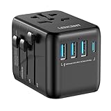 LENCENT Adaptador Viaje Universal, Cargador Internacional con 3 Puertos USB y Carga PD Tipo-C para Móvil, Portátil, Adaptador Enchufe Viaje para Más de 200 Países (USA, UK EU AUS), Negro