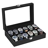 SONGMICS Caja de Relojes con 12 Compartimentos, Estuche de Relojes con Tapa de Cristal, Cojín Extraíble, Cierre Metálico, Idea de Regalo, Cuero Sintético Negro y Forro Negro JWB12B