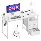 ODK Escritorio con Puerto de Carga USB y Toma, Escritorio para Ordenador con 3 Cajones de Tela, Escritorio de Madera para Oficina, Salón, Hogar, Oficina (Blanco, 120x48x75,5cm)