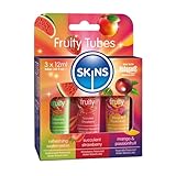 SKINS - 3X Lubricantes Acuosos con Sabor - Lubricante Comestible y Chupetazos - Refrescante Sandía, Deliciosa Fresa y Mango & Maracuyá para Placer Oral & Relaciones Sexuales