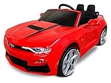 PEKECARS Coche eléctrico Chevrolet Camaro SS V8 12V en Color Rojo, Mando 2.4G, Asiento Forrado en Polipiel, Ruedas de Caucho, Asa de Transporte, Suspensión a Las 4 Ruedas, Batería extraíble 12V/7Ah