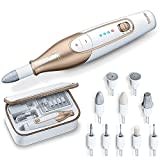 Beurer MP 64 Set de manicura y pedicura profesional con batería recargable, torno para uñas inalámbrico, 10 accesorios para el cuidado de las uñas, con luz LED