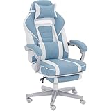 HOMCOM Silla Gaming Silla Gamer Reclinable con Altura Ajustable Reposapiés Retráctil Soporte Lumbar y Reposacabezas Desmontable Silla para Oficina Estudio Azul