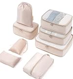 Meowoo Organizador de Equipaje 8 en 1 Set Organizador de Maletas Impermeable Viaje Packing Cubes con Bolsa de Zapato, Material Nylon (Beige 8pcs)