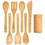 Set Utensilios de Cocina Madera de Bambú – Juego de 8 Accesorios de Cocina Originales para Menaje de Cocina Antiadherentes (Cucharas, Espatulas, Lengua, Paleta, Pinzas, Porta Cubiertos) – BlauKe®