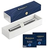 Waterman Allure pluma estilográfica | acero inoxidable con adorno cromado | plumín fino | con 12 cartuchos de tinta azul cortos | estuche de regalo