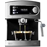 Cecotec Cafetera Express Manual Power Espresso 20. 850 W, Presión 20 Bares, Depósito de 1,6L, Brazo Doble Salida, Vaporizador, Superficie Calientatazas, Acabados en Acero Inoxidable