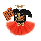 DaceStar Disfraz Halloween Bebe Niña, Ropa Halloween Bebe, Traje Halloween Bebe Niña, Mi Primer Halloween Bebe Body + Tutu + Media + Diadema, Disfraz Recien Nacido Halloween Naranja 6-12 Meses