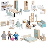 Giant bean Muebles Casa de Muñecas, 36 Piezas con 4 Muñecas Familiares, Accesorios de Casa de Muñecas, Muebles de Juego de Simulación, Juguetes para Niños y Niñas Pequeños a Partir de 3