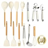 CAROTE Utensilios de Cocina de Silicona 16 Piezas, juego Utensilios de Cocina Resistencia al Calor y Antiadherente con Mango de Madera para Utensilios Accesorios Cocina, sin BPA