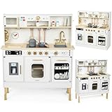 Mamabrum Cocina infantil de madera con iluminación LED, cocina juguete interactivo XXL con microondas, lavavajillas, cafetera, horno, fregadero, grifo y accesorios