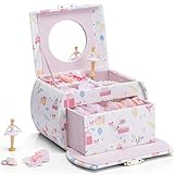 Vlando Caja de música bailarina, joyero con cerradura para niñas, piel sintética con cajones, caja de joyas para niños, caja de joyas con melodía de canon, regalos para niñas