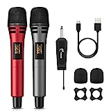 TONOR Micrófono Inalámbrico, Sistema de Micrófono Dinamico de Mano Inalámbrico de Metal UHF con Receptor Recargable, Salida de 1/4" para Amplificador, Sistema PA, Máquina de Karaoke, Gris y Rojo