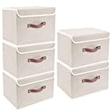 TYEERS Cajas de Almacenaje con Tapa, Tela, Lavable, Cajas Organizadoras, 38x25x25 cm, Juego de 5, Beige