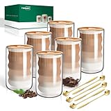 Tazas de Café de Cristal, 6 x 400ml Vasos de Doble Pared Transparente, Tazas de Vidrio Borosilicato con 6 Cucharillas, Taza de Cristal para Cafe Leche Té Latte Macchiato Espresso