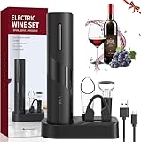 QSMYUYE Sacacorchos Eléctrico, USB Recargable Abridor de Vino Automatico Profesional 6 en 1 con Base, Cortacapsulas Botella, Vertedor de Vino, Tapón de Vino de Vacío