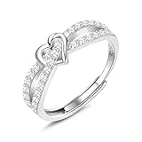 MILACOLATO Anillo de Corazón de Plata de Ley 925 con Zirconia Cúbica para Mujer, Anillo de Compromiso y Boda Ajustable en Plata, Diseño Apilable de Doble Fila con Chapado en Platino