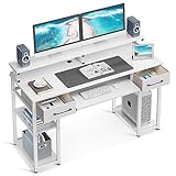 ODK Escritorio de Ordenador, 120x48x90cm Escritorio con 2 Cajones y Bandeja para Teclado, Escritorio de Oficina con Soporte para Monitor, Mesa de Escritorio con Estante Reversible para Oficina, Blanco