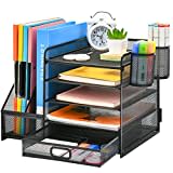 Marbrasse Organizador Escritorio,5 Niveles Bandeja para Cartas con Cajón y 2 Portalápices,Escritorio Organizador con Revistero para Oficina Hogar(Negro)