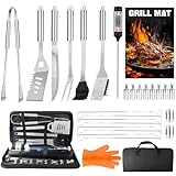 28Pcs Utensilios de Barbacoa de Acero Inoxidable, Accesorios de Barbacoa de Gas y Carbón para Camping en Portátiles Maletín, Kit Práctico de Utensilios de Parrilla de Barbacoa, Regalos para Hombres.