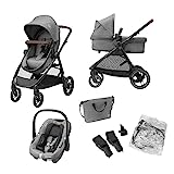 Maxi-Cosi Zelia S Trio Cochecito Bebe 3 Piezas, 0 - 4 Años, hasta 22 kg, Plegable, Compacto y Reclinable Silla de Paseo, con CabrioFix S i-Size Silla Coche Bebe, Accesorios, Bolso Cambiador, Gris