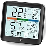 NOKLEAD Termometro Digital casa Higrometro Medidor de Humedad Sensor Temperatura Profesional con Pantalla LCD Reloj Registro Máximo y Mínimo Retroiluminación,Negro