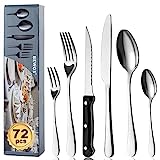 BEWOS Juego de cubiertos para 12 personas, cuberteria acero inoxidable de 72 piezas con cuchillos para carne, Cuchillo Cuchara Tenedor Cubiertos Set Espejo Pulido, Apto para Lavavajillas