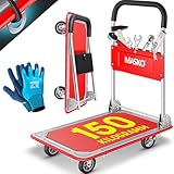 MASKO® Carro plegable con plataforma de transporte, incluye guantes de trabajo, freno de estacionamiento, ayuda de transporte, con 6 ojales de seguridad, ruedas giratorias 360°, carro plegable (rojo,