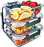 Igluu Meal Prep - Recipientes de vidrio de 3 compartimentos con tapas herméticas SnapLock - Almacenamiento con control de porciones - Sin BPA - Apto para microondas, lavavajillas y horno [set de 3]