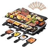 Raclette Grill 6 8 Personas 2 en 1 Parrilla Eléctrica de Sobremesa Revestimiento Antiadherente Placa Grill Reversible Parrilla Eléctrica Raclette sin Humo con 8 Mini Cacerolas y 8 Rascadores 1300W