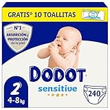 Dodot Pañales Bebé Sensitive, Talla 2 (4-8 kg), 240 Pañales + 1 Pack de 10 Toallitas Gratis de Aqua Plastic Free, Nº1 en Protección de la Piel de Dodot, Pack Mensual