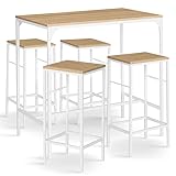 IDMarket – Conjunto de mesa alta de bar Detroit 100 cm y 4 taburetes madera y metal, color blanco