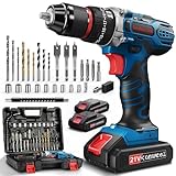 Taladro Percutor a Bateria, 21V Destornillador Electrico, 45Nm Atornillador, 2x2.0Ah Baterías, 25+3 Ajuste Par, 10mm Portabrocas Metálica, 2 Velocidad, 27 Accesorios Cordless Drill, LED Luz