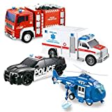 JOYIN Juego de 4 héroes urbanos impulsados por fricción Que Incluye camión de Bomberos, Ambulancia, Coche de policía y helicóptero, vehículos de Emergencia con luz y Sonido