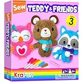 KRAFUN Kit de costura para niños principiantes, arte y manualidades, incluye 3 muñecas de peluche, instrucciones y materiales de fieltro de felpa para aprender a coser, habilidades, bordado, peluche