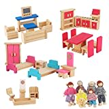 Foreverup Mueble para Casas de Muñecas, Kit de Muebles Casa de Muñecas Madera, Juego de Muebles para Muñecas con 6 Muñecos Familiares de Madera para Completar la Casa de Muñecas (Habitación Infantil)