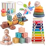 Aliex 6 in 1 Juguetes Montessori Bebes 6 9 12 Meses 1 2 3 Años, Juguetes de Apilar y Encajar/Cubo/Bloques/Juguetes de Madera/Xilófono | Regalos para Bebés