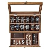 SONGMICS Caja de Relojes con 12 Ranuras, Estuche de Relojes de Madera de 2 Niveles con Tapa de Cristal, Almohadillas, Forro de Terciopelo, Regalo de Seres Queridos, Nogal Rústico JOW012K01