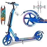 Arebos City Scooter Patinete a Pedales Azul Regulable en Altura | Plegable | Incl. Correa de Transporte | Ruedas LED | Freno de Pedal Manual | suspensión Delantera-Trasera | niños y Adultos