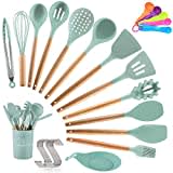 Utensilios Cocina de Silicona,Antiadherente con Mango de Madera,Resistentes Al Calor,14 Piezas,espátula,cuchara,cucharón,5 cucharas de medir y ganchos