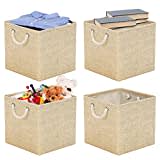 RIWNNI Juego de 4 Cajas Almacenaje, 30 x 30 x 30 cm, Cestas Organizadoras de Tela con Asas, Cubos de Almacenamiento Plegable para Ropa, Juguetes, Libros, Armario y Estanterías (Beige)