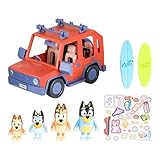 Bluey Heeler Family 4WD - Paquete de 4 Figuras y 4 Figuras, 2.5-3 Pulgadas, 2 Accesorios para Tablas de Surf y calcomanías exclusivas de Amazon