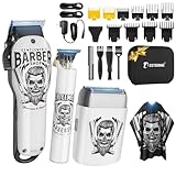 BESTBOMG Maquina Cortar Pelo Profesional, Maquina Barbero Hombre & Máquina de Afeitar Eléctrica, Cortapelos Kit con 10 Peine Guía, Cortadora de Pelo Recortadora con Capa de Barbero (White)