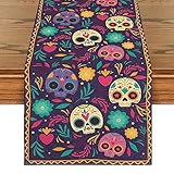 Artoid Mode Camino de mesa con diseño de calaveras, flores, Día de los Muertos México, Halloween, temporada, cocina, mesa, decoración interior, vacaciones, fiesta, decoración, 40 x 140 cm